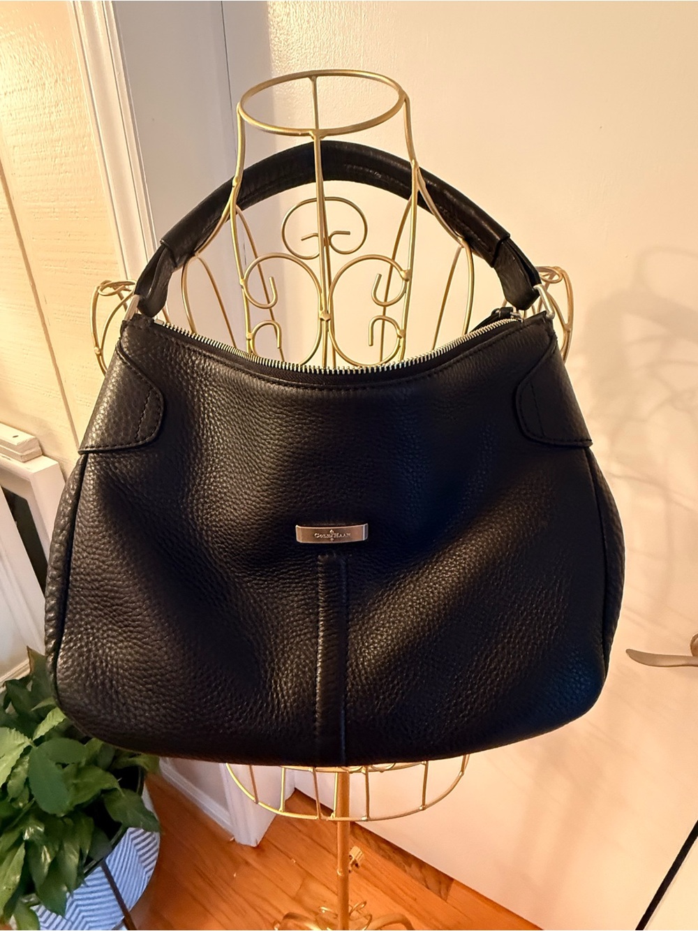 Cole Haan Black Pebbled Leather Shoulder Bag with Gold Plaque